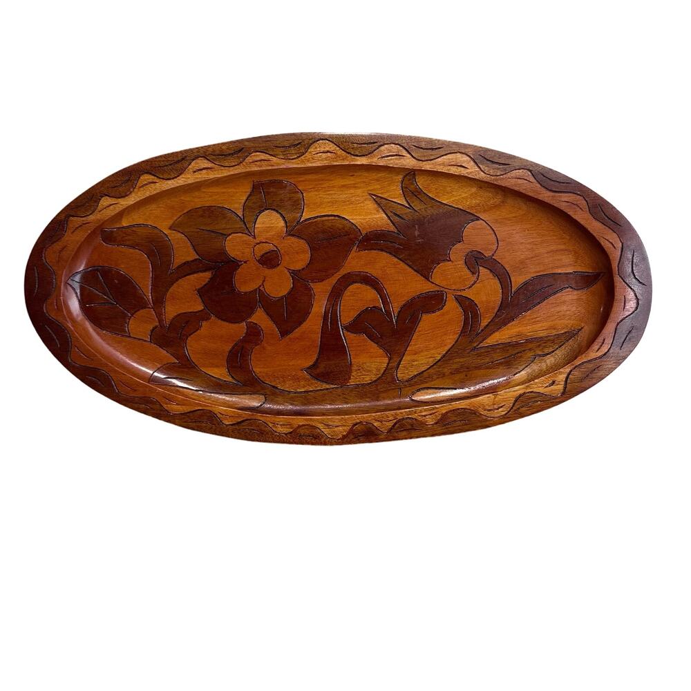 Vintage Oval Floral Wooden Carved tray platter